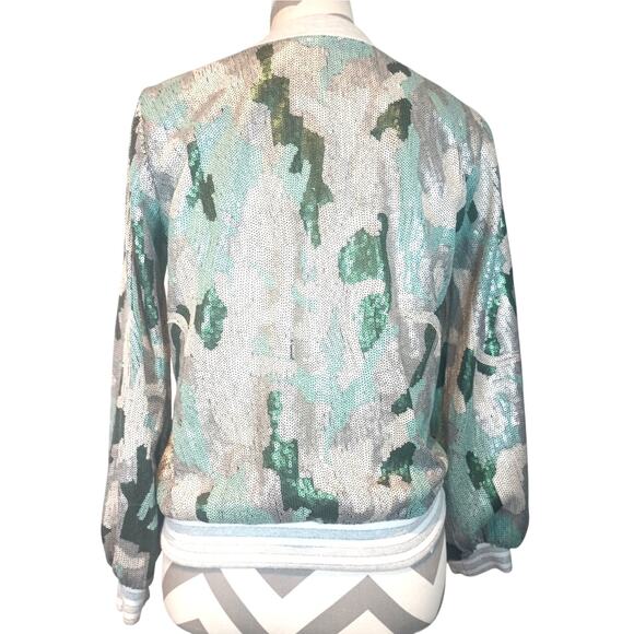 BOSTON PROPER XXS CAMO SEQUIN EMBELLISHED VARSITY FULL ZIP JACKET - Picture 3 of 12